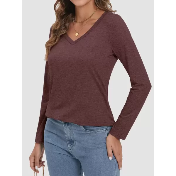 imageATHMILE Womens 2024 Fall Long Sleeve Shirts Basic Apparel Shirts Trendy V Neck Tshirt for Women Curved Hem TopsWine Red