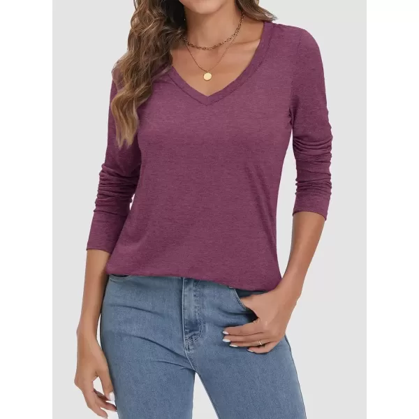 imageATHMILE Womens 2024 Fall Long Sleeve Shirts Basic Apparel Shirts Trendy V Neck Tshirt for Women Curved Hem TopsPurple Red