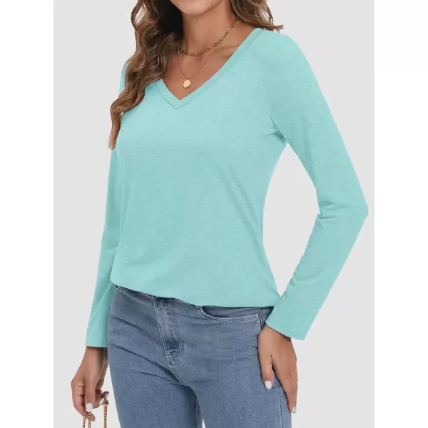 imageATHMILE Womens 2024 Fall Long Sleeve Shirts Basic Apparel Shirts Trendy V Neck Tshirt for Women Curved Hem TopsLake Green