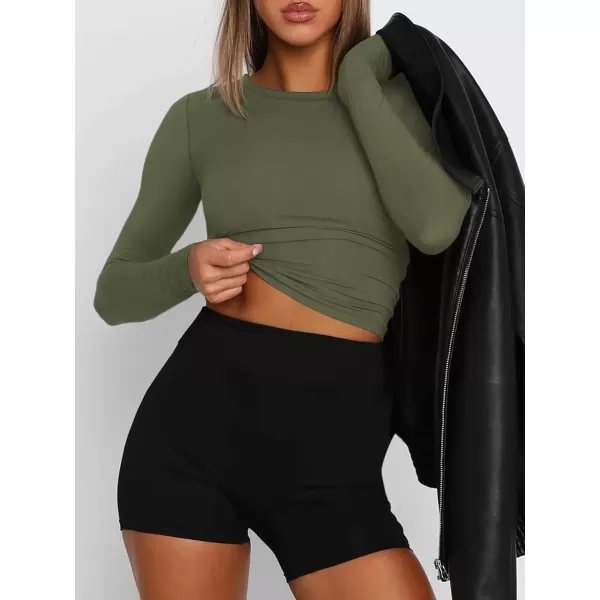 imageATHMILE Womens Basic TShirts Going Out Crop Tops Tight Slim Fit Cute Teen Girls Short SleeveLong Sleeve Y2k Clothes2army Green