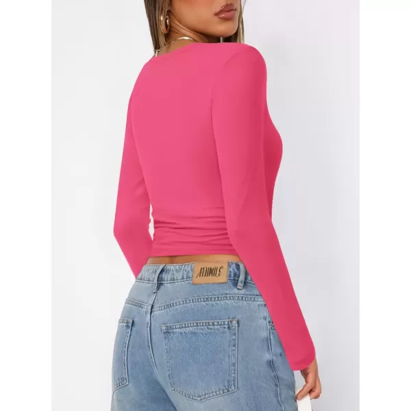 imageATHMILE Womens Basic TShirts Going Out Crop Tops Tight Slim Fit Cute Teen Girls Short SleeveLong Sleeve Y2k Clothes2neon Pink