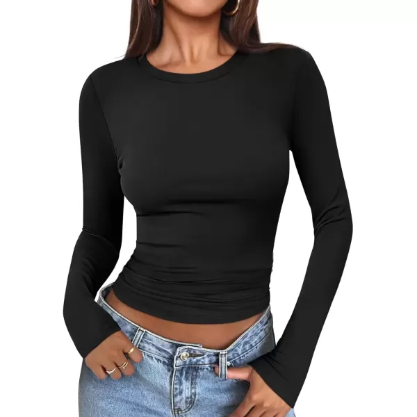 imageATHMILE Womens Basic TShirts Going Out Crop Tops Tight Slim Fit Cute Teen Girls Short SleeveLong Sleeve Y2k Clothes2black