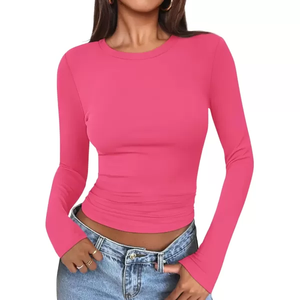 imageATHMILE Womens Basic TShirts Going Out Crop Tops Tight Slim Fit Cute Teen Girls Short SleeveLong Sleeve Y2k Clothes2neon Pink