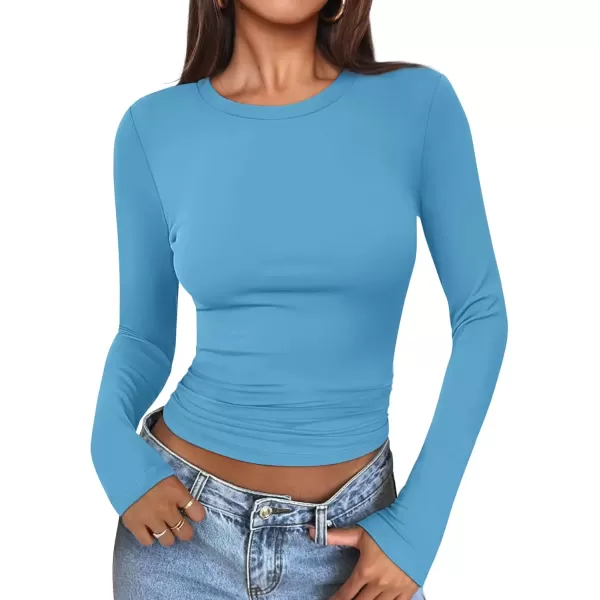 imageATHMILE Womens Basic TShirts Going Out Crop Tops Tight Slim Fit Cute Teen Girls Short SleeveLong Sleeve Y2k Clothes2blue