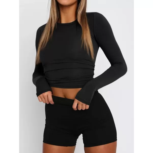 imageATHMILE Womens Basic TShirts Going Out Crop Tops Tight Slim Fit Cute Teen Girls Short SleeveLong Sleeve Y2k Clothes2black