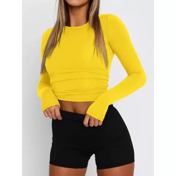 imageATHMILE Womens Basic TShirts Going Out Crop Tops Tight Slim Fit Cute Teen Girls Short SleeveLong Sleeve Y2k Clothes2yellow
