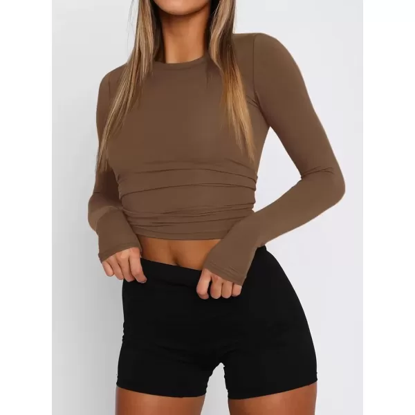 imageATHMILE Womens Basic TShirts Going Out Crop Tops Tight Slim Fit Cute Teen Girls Short SleeveLong Sleeve Y2k Clothes2brown