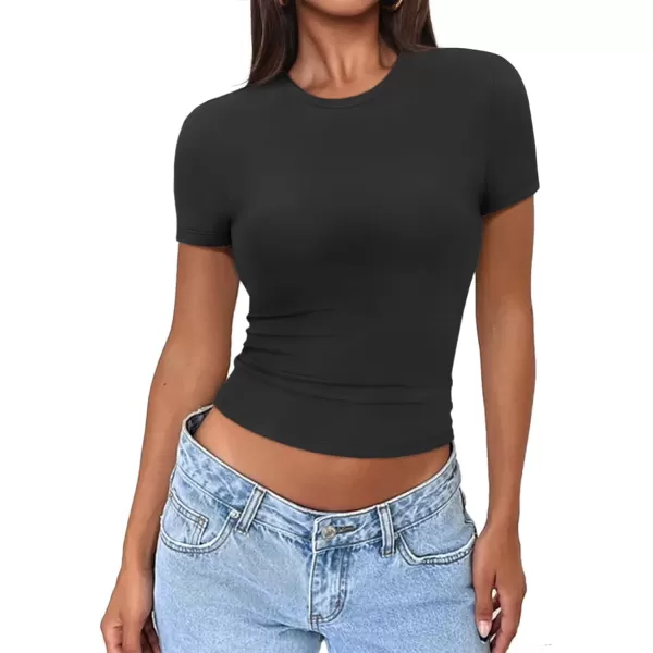 imageATHMILE Womens Basic TShirts Going Out Crop Tops Tight Slim Fit Cute Teen Girls Short SleeveLong Sleeve Y2k Clothes1black