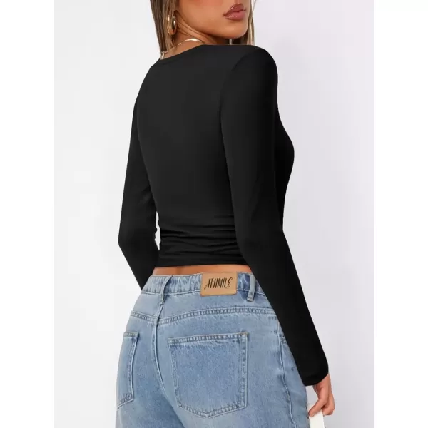 imageATHMILE Womens Basic TShirts Going Out Crop Tops Tight Slim Fit Cute Teen Girls Short SleeveLong Sleeve Y2k Clothes2black