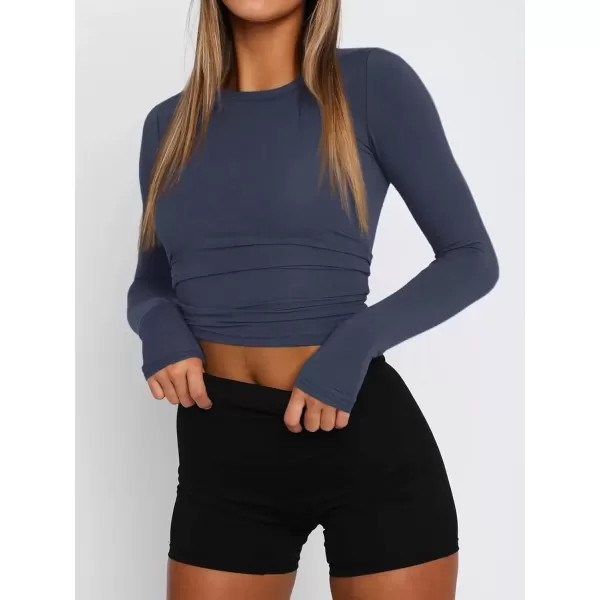 imageATHMILE Womens Basic TShirts Going Out Crop Tops Tight Slim Fit Cute Teen Girls Short SleeveLong Sleeve Y2k Clothes2navy Blue