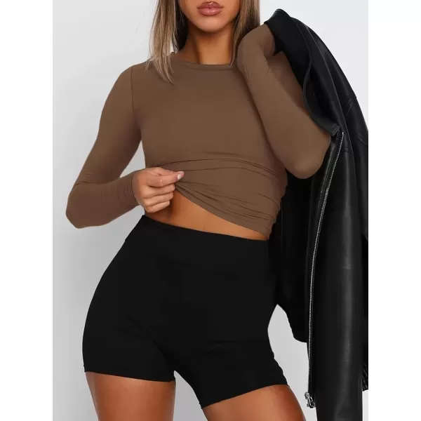 imageATHMILE Womens Basic TShirts Going Out Crop Tops Tight Slim Fit Cute Teen Girls Short SleeveLong Sleeve Y2k Clothes2brown