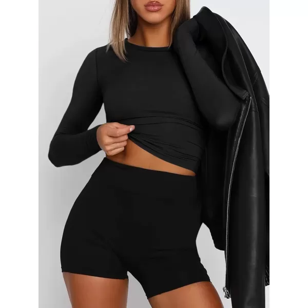 imageATHMILE Womens Basic TShirts Going Out Crop Tops Tight Slim Fit Cute Teen Girls Short SleeveLong Sleeve Y2k Clothes2black