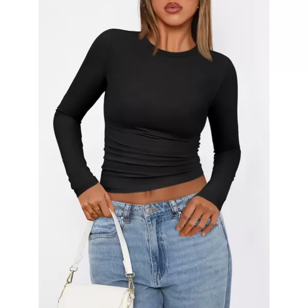 imageATHMILE Womens Basic TShirts Going Out Crop Tops Tight Slim Fit Cute Teen Girls Short SleeveLong Sleeve Y2k Clothes2black