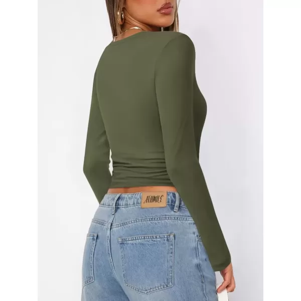 imageATHMILE Womens Basic TShirts Going Out Crop Tops Tight Slim Fit Cute Teen Girls Short SleeveLong Sleeve Y2k Clothes2army Green