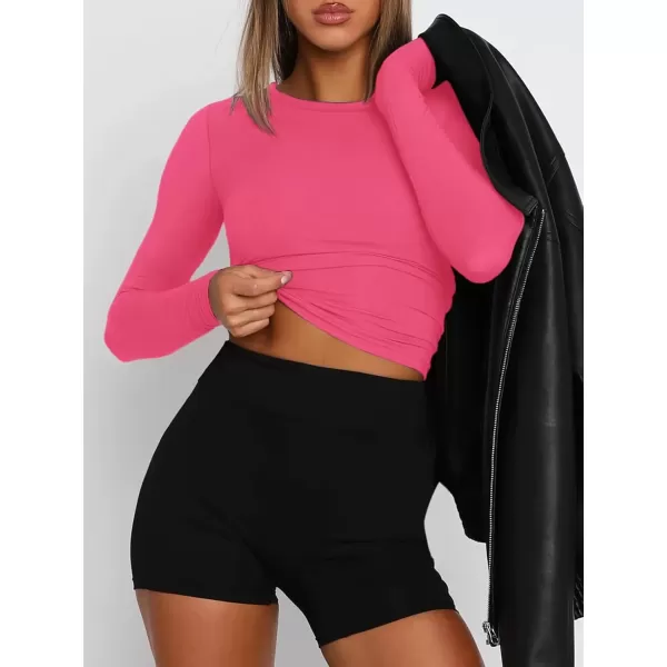 imageATHMILE Womens Basic TShirts Going Out Crop Tops Tight Slim Fit Cute Teen Girls Short SleeveLong Sleeve Y2k Clothes2neon Pink