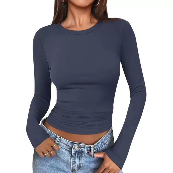 imageATHMILE Womens Basic TShirts Going Out Crop Tops Tight Slim Fit Cute Teen Girls Short SleeveLong Sleeve Y2k Clothes2navy Blue