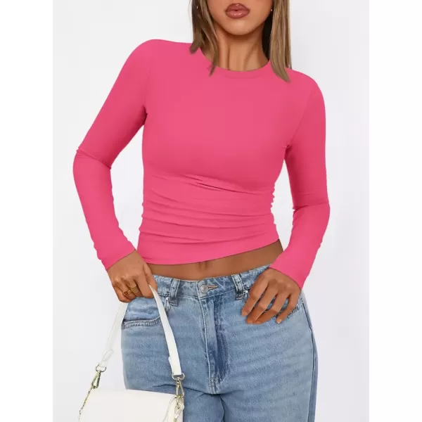 imageATHMILE Womens Basic TShirts Going Out Crop Tops Tight Slim Fit Cute Teen Girls Short SleeveLong Sleeve Y2k Clothes2neon Pink
