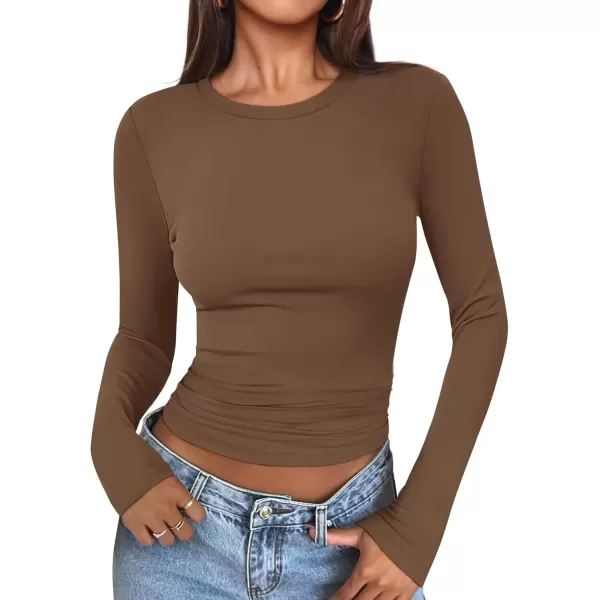imageATHMILE Womens Basic TShirts Going Out Crop Tops Tight Slim Fit Cute Teen Girls Short SleeveLong Sleeve Y2k Clothes2brown