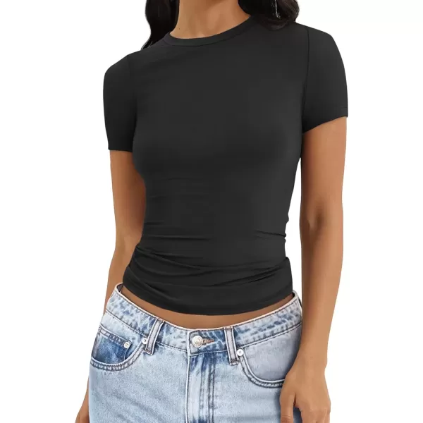 imageATHMILE Womens Basic TShirts Scoop Neck Short Sleeve Crop Tops Cute Summer Tops Slim Fit Tees Y2k Clothing 2024Black