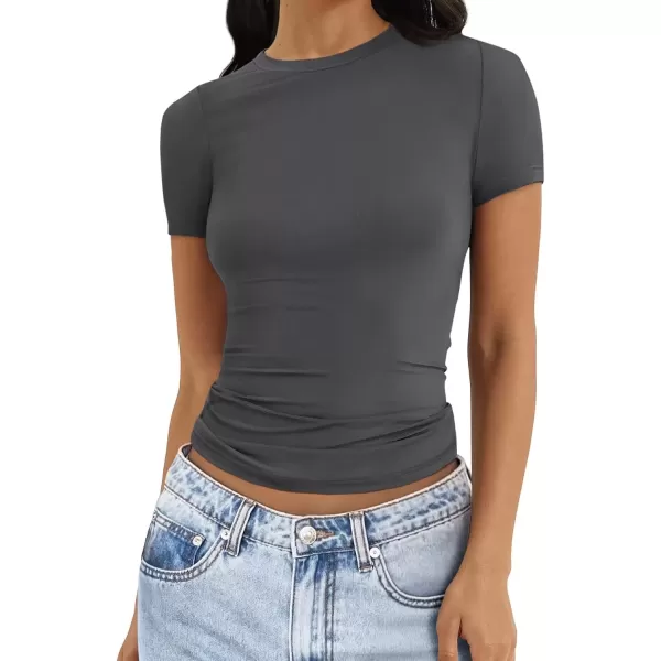 imageATHMILE Womens Basic TShirts Scoop Neck Short Sleeve Crop Tops Cute Summer Tops Slim Fit Tees Y2k Clothing 2024Deep Grey