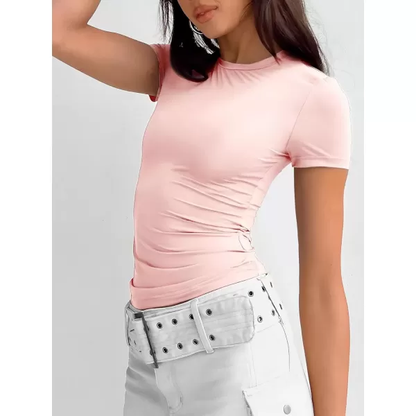 imageATHMILE Womens Basic TShirts Scoop Neck Short Sleeve Crop Tops Cute Summer Tops Slim Fit Tees Y2k Clothing 2024Light Pink