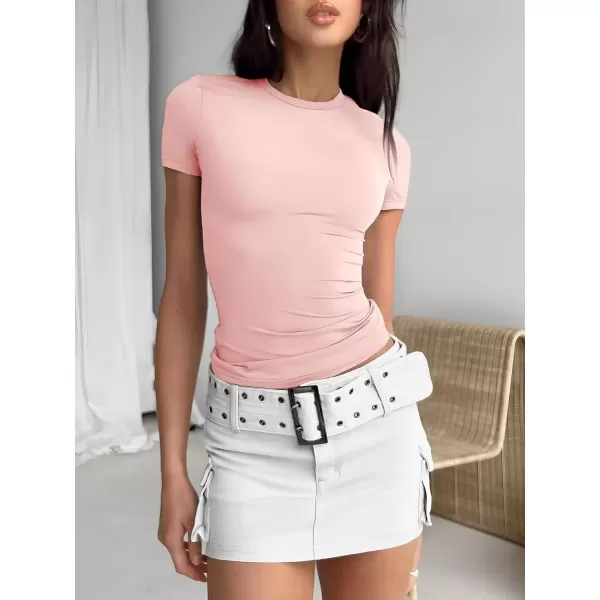 imageATHMILE Womens Basic TShirts Scoop Neck Short Sleeve Crop Tops Cute Summer Tops Slim Fit Tees Y2k Clothing 2024Light Pink