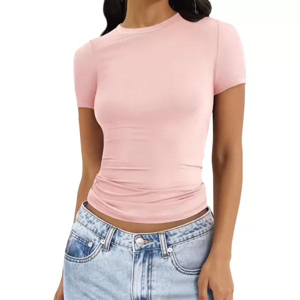 imageATHMILE Womens Basic TShirts Scoop Neck Short Sleeve Crop Tops Cute Summer Tops Slim Fit Tees Y2k Clothing 2024Light Pink