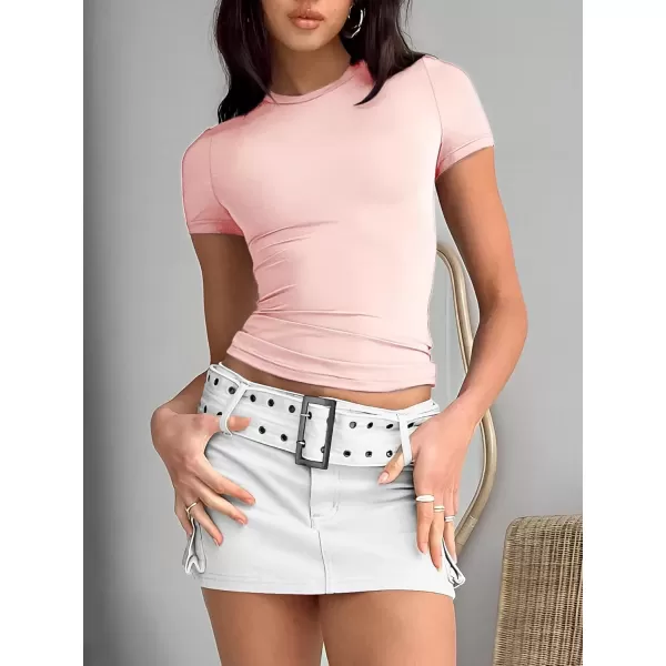 imageATHMILE Womens Basic TShirts Scoop Neck Short Sleeve Crop Tops Cute Summer Tops Slim Fit Tees Y2k Clothing 2024Light Pink
