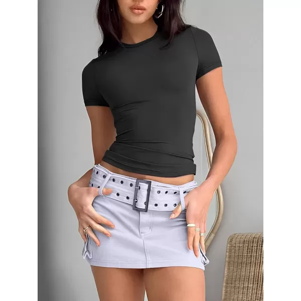 imageATHMILE Womens Basic TShirts Scoop Neck Short Sleeve Crop Tops Cute Summer Tops Slim Fit Tees Y2k Clothing 2024Black