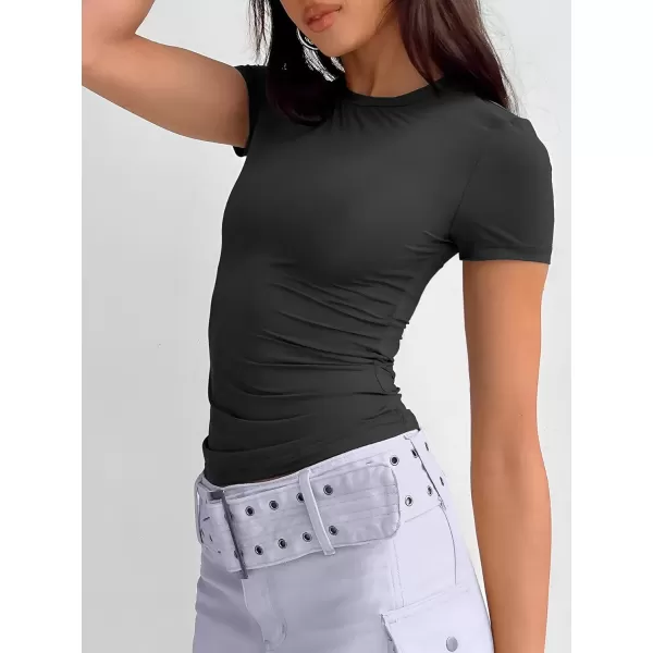 imageATHMILE Womens Basic TShirts Scoop Neck Short Sleeve Crop Tops Cute Summer Tops Slim Fit Tees Y2k Clothing 2024Black