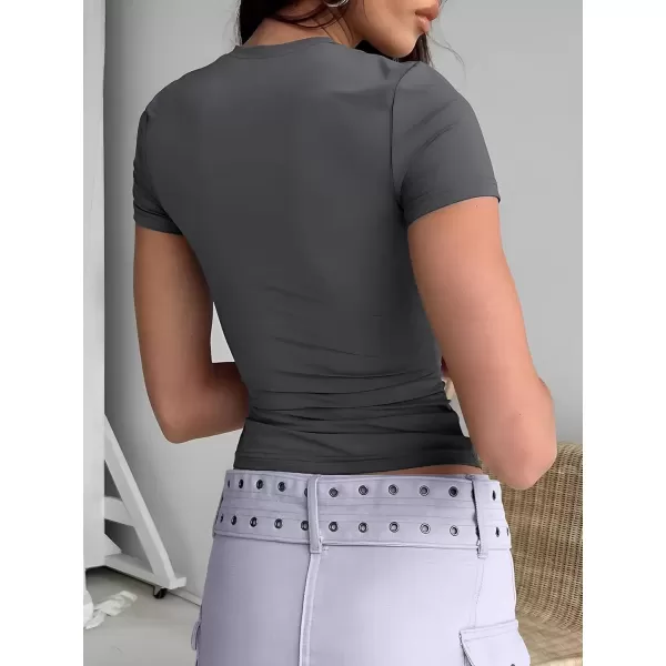 imageATHMILE Womens Basic TShirts Scoop Neck Short Sleeve Crop Tops Cute Summer Tops Slim Fit Tees Y2k Clothing 2024Deep Grey