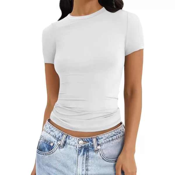 imageATHMILE Womens Basic TShirts Scoop Neck Short Sleeve Crop Tops Cute Summer Tops Slim Fit Tees Y2k Clothing 2024White