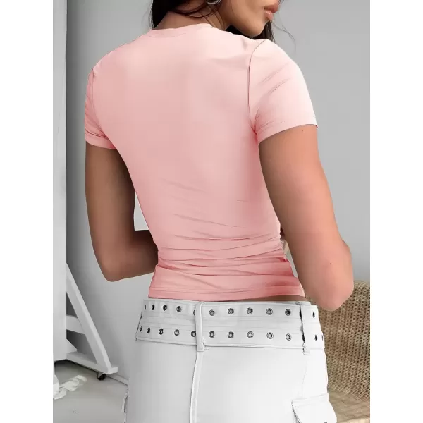 imageATHMILE Womens Basic TShirts Scoop Neck Short Sleeve Crop Tops Cute Summer Tops Slim Fit Tees Y2k Clothing 2024Light Pink