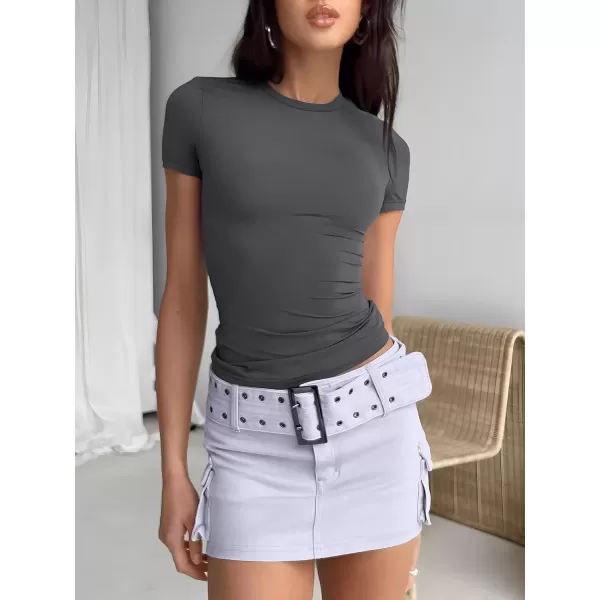 imageATHMILE Womens Basic TShirts Scoop Neck Short Sleeve Crop Tops Cute Summer Tops Slim Fit Tees Y2k Clothing 2024Deep Grey