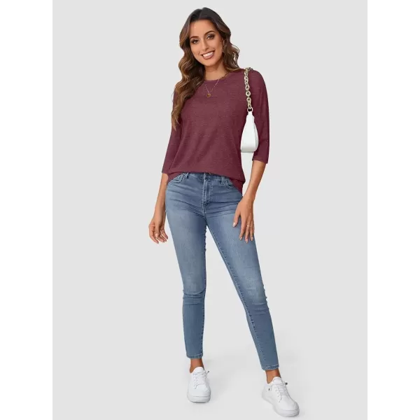 imageATHMILE Womens Casual 34 Sleeve TShirts Round Neck Cute Tunic Summer Tops Basic Tees Fall Blouses Loose Fit PulloverWine Red