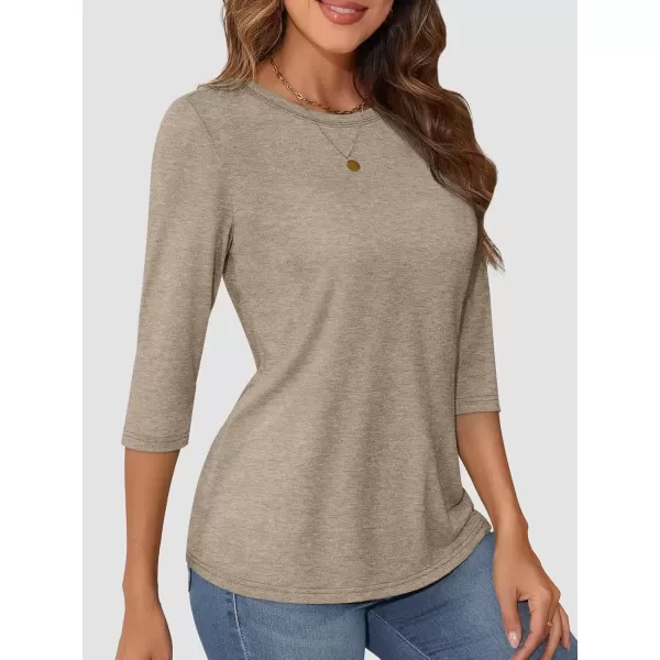 imageATHMILE Womens Casual 34 Sleeve TShirts Round Neck Cute Tunic Summer Tops Basic Tees Fall Blouses Loose Fit PulloverApricot