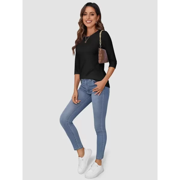 imageATHMILE Womens Casual 34 Sleeve TShirts Round Neck Cute Tunic Summer Tops Basic Tees Fall Blouses Loose Fit PulloverBlack