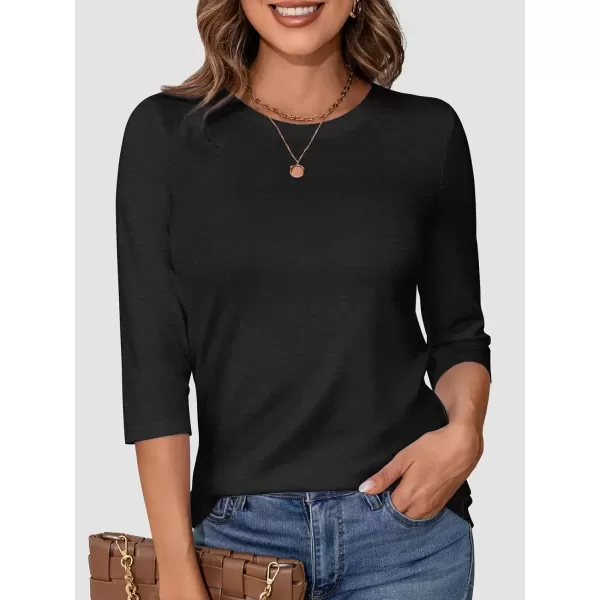 imageATHMILE Womens Casual 34 Sleeve TShirts Round Neck Cute Tunic Summer Tops Basic Tees Fall Blouses Loose Fit PulloverBlack