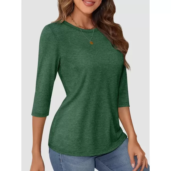 imageATHMILE Womens Casual 34 Sleeve TShirts Round Neck Cute Tunic Summer Tops Basic Tees Fall Blouses Loose Fit PulloverGreen