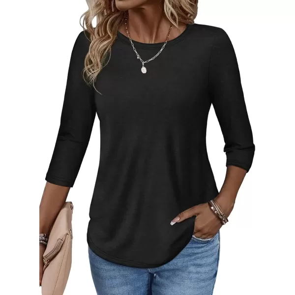 imageATHMILE Womens Casual 34 Sleeve TShirts Round Neck Cute Tunic Summer Tops Basic Tees Fall Blouses Loose Fit PulloverBlack