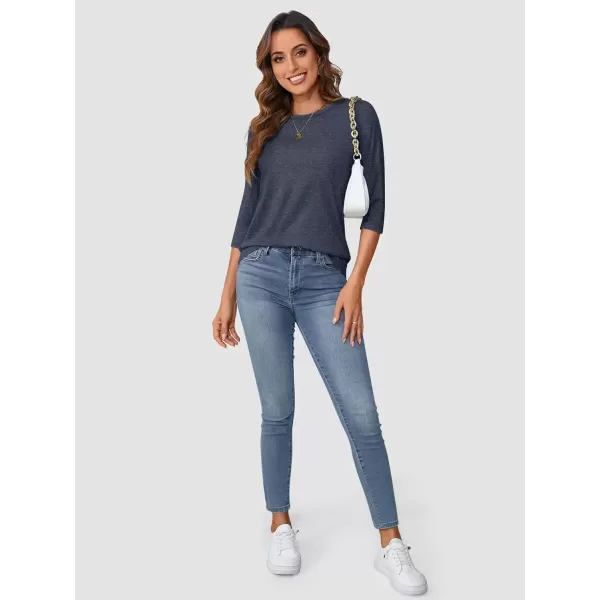 imageATHMILE Womens Casual 34 Sleeve TShirts Round Neck Cute Tunic Summer Tops Basic Tees Fall Blouses Loose Fit PulloverNavy