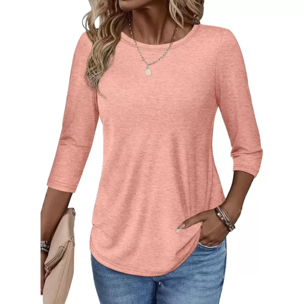 imageATHMILE Womens Casual 34 Sleeve TShirts Round Neck Cute Tunic Summer Tops Basic Tees Fall Blouses Loose Fit PulloverCoral