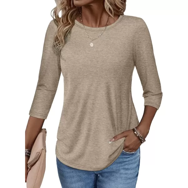 imageATHMILE Womens Casual 34 Sleeve TShirts Round Neck Cute Tunic Summer Tops Basic Tees Fall Blouses Loose Fit PulloverApricot