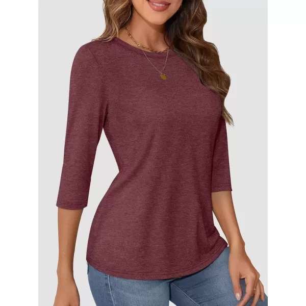 imageATHMILE Womens Casual 34 Sleeve TShirts Round Neck Cute Tunic Summer Tops Basic Tees Fall Blouses Loose Fit PulloverWine Red