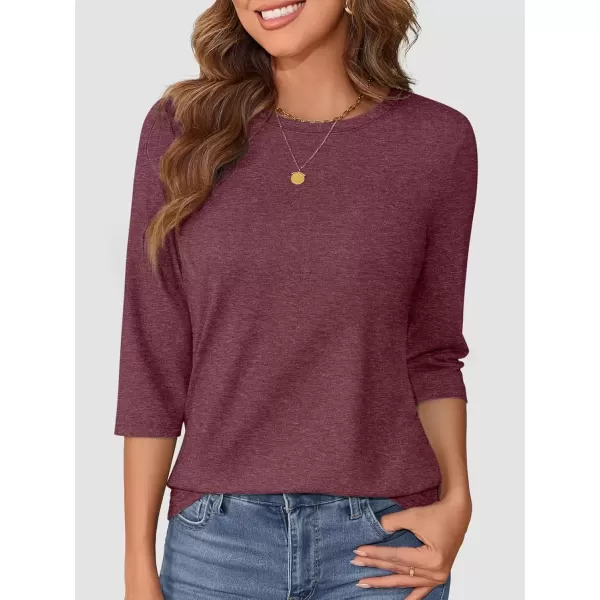 imageATHMILE Womens Casual 34 Sleeve TShirts Round Neck Cute Tunic Summer Tops Basic Tees Fall Blouses Loose Fit PulloverWine Red
