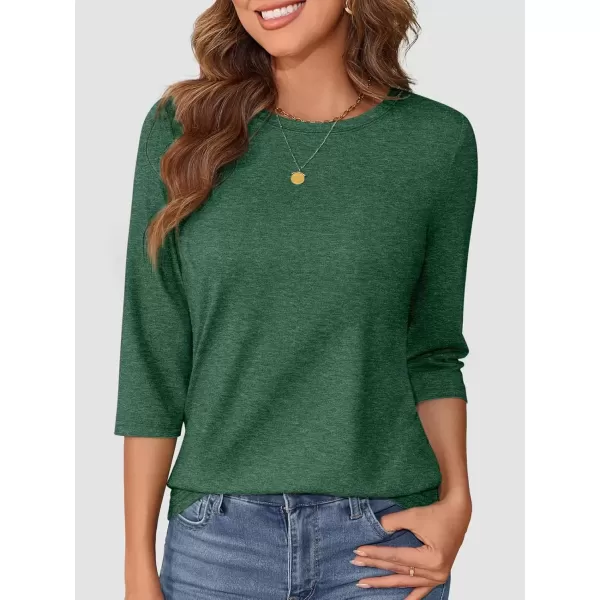 imageATHMILE Womens Casual 34 Sleeve TShirts Round Neck Cute Tunic Summer Tops Basic Tees Fall Blouses Loose Fit PulloverGreen
