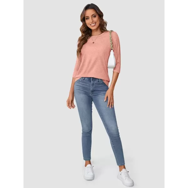 imageATHMILE Womens Casual 34 Sleeve TShirts Round Neck Cute Tunic Summer Tops Basic Tees Fall Blouses Loose Fit PulloverCoral