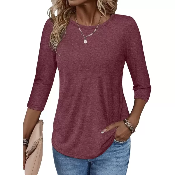 imageATHMILE Womens Casual 34 Sleeve TShirts Round Neck Cute Tunic Summer Tops Basic Tees Fall Blouses Loose Fit PulloverWine Red