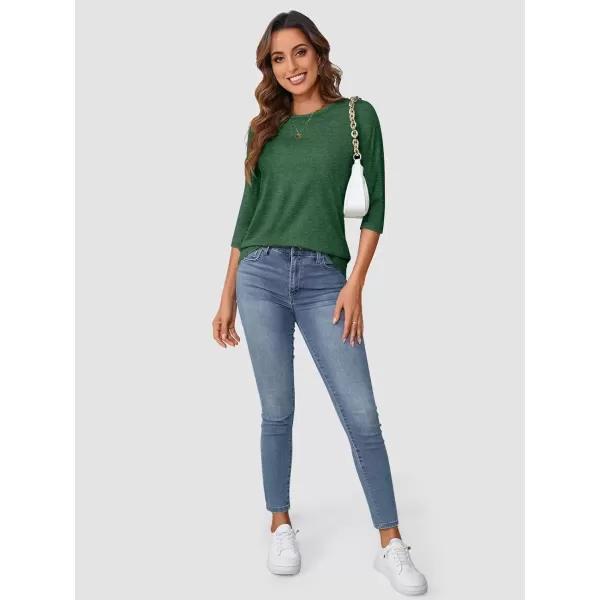 imageATHMILE Womens Casual 34 Sleeve TShirts Round Neck Cute Tunic Summer Tops Basic Tees Fall Blouses Loose Fit PulloverGreen