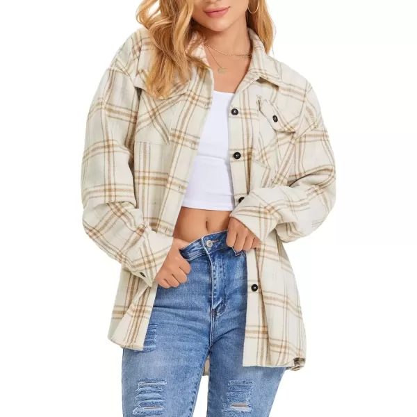 imageATHMILE Womens Casual Plaid Shacket Button Down Long Sleeve Shirt Fall Clothes for Women Tops SweaterKhaki